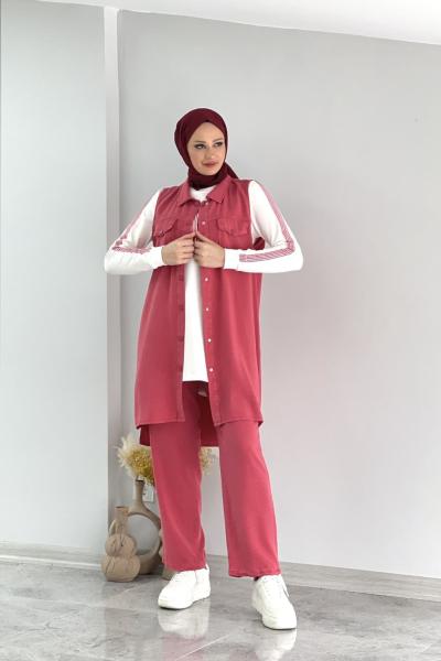 Pembe Çıtçıt Kapamalı Yelekli Üçlü Takım Pembe